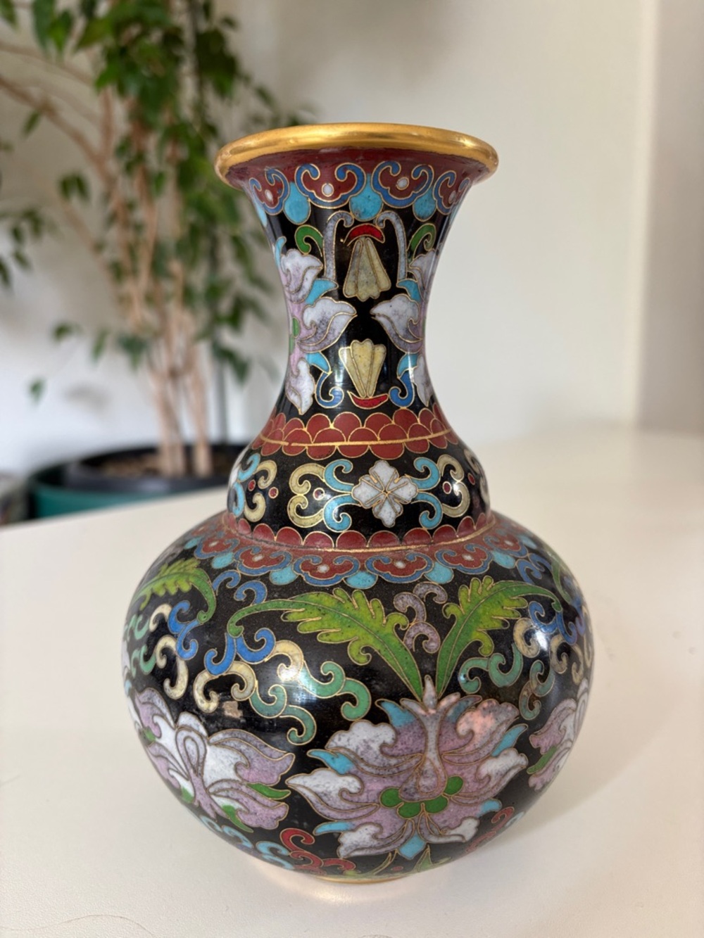 Cloisonné Floral Bulb Vase with Gold Accents